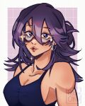  1girl absurdres aegyo_sal bare_shoulders blue_eyes blue_tank_top boku_no_hero_academia border breasts cleavage collarbone commentary dark-skinned_female dark_skin earrings english_commentary eyewear_strap glasses grid_background hair_between_eyes half_up_bun highres hoop_earrings jewelry lipgloss long_eyelashes long_hair looking_at_viewer medium_breasts midnight_(boku_no_hero_academia) peterokii pink_lips portrait purple_hair red-framed_eyewear semi-rimless_eyewear sideboob signature solo star_(symbol) star_charm tank_top under-rim_eyewear white_border 