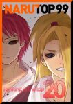  2boys aluoririri asymmetrical_bangs black_sclera blonde_hair blue_eyes colored_sclera deidara_(naruto) edo_tensei english_text evil_grin evil_smile expressionless grin hair_over_one_eye high_ponytail highres long_hair looking_at_viewer male_focus multiple_boys naruto_(series) naruto_shippuuden ponytail red_eyes red_hair robe sasori_(naruto) short_hair simple_background smile 