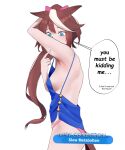  1girl absurdres animal_ears arm_up armpits banhmixiumai blue_eyes breasts brown_hair commentary english_commentary english_text from_side gameplay_mechanics hair_ornament highres horse_ears horse_girl horse_tail medium_breasts multicolored_hair sideboob simple_background solo spaghetti_strap speech_bubble tail tokai_teio_(umamusume) umamusume white_hair 