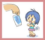  1boy 1girl blue_eyes blue_hair blue_shirt border brown_border brown_sandals chibi commentary_request kabiinyo_(kab) original out_of_frame pleated_skirt purple_skirt sandals shirt short_sleeves skirt solo_focus tail tail_wagging white_background 