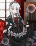  1girl artist_request black_dress chair dress glasses heidimarie_w._schnaufer indoors long_hair looking_at_viewer non-web_source official_alternate_costume official_art open_mouth red_eyes solo standing strike_witches white_hair window world_witches_series 