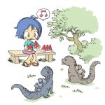  1girl :d animal animal_request beamed_eighth_notes blue_eyes blue_hair blue_shirt blush brown_sandals chibi commentary_request dinosaur food fruit holding holding_food kabiinyo_(kab) lowres musical_note on_bench original purple_skirt sandals shirt short_sleeves sitting skirt smile solo spoken_musical_note tree watermelon watermelon_slice 