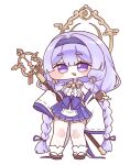  1girl absurdly_long_hair bare_legs blush_stickers braid chibi cloud_hair_ornament commentary_request crescent crescent_hair_ornament egasumi full_body geta hair_intakes hair_ornament hair_ribbon hairband hakama hakama_skirt highres japanese_clothes legs_together light_blush long_hair looking_at_viewer low_twin_braids nontraditional_miko open_mouth purple_eyes purple_hair purple_hairband purple_ribbon ribbon simple_background skirt smile solo staff standing tabi trickcal twin_braids ustya_0 very_long_hair white_background yomi_(trickcal) 