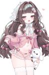  1girl absurdres animal_ears blush bow bow_shorts bowtie brown_hair commentary estelle_(vtuber) frills hair_bow hair_ornament heart highres holding holding_stuffed_toy indie_virtual_youtuber long_hair long_sleeves looking_at_viewer mole mole_under_mouth multiple_hair_bows navel off_shoulder open_mouth pink_bow pink_ribbon pink_shorts red_eyes ribbon sheep_ears sheep_girl sheep_hair_ornament shorts shouu-kun simple_background single_bare_shoulder skindentation sleeves_past_wrists smile solo stuffed_animal stuffed_toy thighhighs virtual_youtuber white_background white_bow 