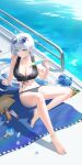  1girl absurdres ahoge bare_arms bare_legs bare_shoulders barefoot beach_mat bikini black_bikini blue_eyes blue_hair blue_nails breasts cleavage collarbone dripping earrings eyewear_on_head food front-tie_bikini_top front-tie_top highres holding holding_food holding_popsicle hoop_earrings jewelry large_breasts long_hair looking_at_viewer mole mole_on_thigh multicolored_hair nail_polish naru_0 navel original parted_lips popsicle shoulder_tattoo sidelocks solo stomach sunglasses swimsuit tattoo thighs toenail_polish toenails two-tone_hair very_long_hair water white_hair 