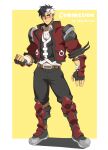  1boy absurdres arisu_reiji artist_name bara black_hair black_pants blush clenched_hand closed_mouth commentary english_commentary english_text fingerless_gloves full_body gloves highres jacket jakkufurosto looking_at_viewer multicolored_hair namco_x_capcom pants red_jacket white_hair 