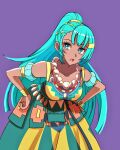  1girl :o aqua_hair bare_arms bare_shoulders bead_necklace beads blue_eyes breasts collarbone commentary_request dark-skinned_female dark_skin detached_sleeves esmeralda_(fire_emblem) fire_emblem fire_emblem:_fortune's_weave fuburon_84 hands_on_own_hips high_ponytail jewelry leaning_forward long_hair looking_at_viewer medium_breasts necklace ponytail purple_background short_sleeves solo very_long_hair 