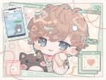  1boy :3 :d angel_wings aqua_eyes aqua_sweater_vest blush brown_hair cellphone chat_log chibi chibi_only collared_shirt commentary_request cursor detached_wings envelope hair_between_eyes hair_ornament hairclip hand_cursor hand_on_own_cheek hand_on_own_face hand_up heart heart_hair_ornament icon_(computing) kanae_(nijisanji) long_sleeves looking_at_viewer male_focus mole mole_under_eye nijisanji open_mouth pawpads phone pixel_heart roto_(kanae) shirt short_hair smartphone smile solo sparkle speech_bubble striped_clothes striped_shirt sweater_vest triangle_hair_ornament vertical-striped_clothes vertical-striped_shirt virtual_youtuber white_shirt window_(computing) wings x_hair_ornament yanagi_(sham0o081) 