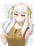  >:( ... 1girl :< alternate_costume alternate_hairstyle annoyed armpit_crease bare_arms blue_background blush border bow breasts closed_mouth fire_emblem fire_emblem:_three_houses frown gym_uniform hair_bow half-closed_eyes hand_up highres long_hair looking_at_viewer lysithea_von_ordelia medium_breasts minto71311 pink_eyes pointing shirt simple_background sleeveless sleeveless_shirt small_breasts solo spoken_ellipsis sweatdrop two_side_up upper_body v-shaped_eyebrows white_border white_hair workout_clothes yellow_bow yellow_shirt 