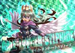 1girl black_shirt black_thighhighs blue_eyes commentary_request english_text feathered_wings feathers gloves gold_trim green_hair hair_between_eyes headdress highres holding holding_polearm holding_weapon long_hair low_wings magonzuhamiti open_mouth percival_dindrane polearm purple_scarf scarf shinrabanshou shirt skirt solo teeth thighhighs upper_teeth_only weapon white_feathers white_gloves white_skirt white_wings wings 