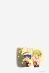  2boys belt belt_buckle black_belt blue_hair buckle christmas_tree closed_eyes closed_mouth commentary curtained_hair ensemble_stars! green_hair hair_between_eyes hat highres holding holding_unworn_clothes holding_unworn_hat jewelry long_sleeves male_focus multiple_boys necklace open_mouth pipin_(manmarusinden) santa_hat sazanami_jun short_hair simple_background star_(symbol) string_of_flags sweater teeth tomoe_hiyori twitter_username untranslatable_commentary unworn_hat unworn_headwear upper_teeth_only v-neck yellow_eyes 