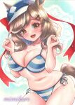  1girl absurdres animal_ears bare_arms bare_shoulders bikini blue_bikini blue_hat blush bow breasts brown_hair cleavage collarbone commentary_request ears_through_headwear hair_bow hair_ornament hairclip hat highres horse_ears horse_girl horse_tail large_breasts looking_at_viewer matikanetannhauser_(umamusume) medium_hair mimikuro multicolored_hair navel newsboy_cap open_mouth red_bow smile solo stomach streaked_hair striped_bikini striped_clothes swimsuit tail teeth tilted_headwear traditional_media umamusume white_bikini yellow_eyes 