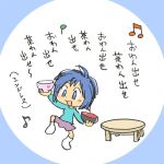  1girl arm_up blue_background blue_eyes blue_hair blue_shirt bowl chibi commentary_request dancing holding holding_bowl kabiinyo_(kab) lowres no_shoes original purple_skirt shirt short_sleeves skirt socks solo table translation_request two-tone_background white_background white_socks 