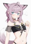  1girl absurdres ahoge animal_ear_fluff animal_ears arknights averting_eyes bare_shoulders bikini black_bikini blue_eyes blush bra bright_pupils closed_mouth diamond-shaped_pupils diamond_(shape) fox_ears fox_girl fox_tail highres navel official_alternate_costume pink_hair short_hair simple_background small_sweatdrop solo spam_(spamham4506) sussurro_(arknights) sussurro_(summer_flower)_(arknights) sweatdrop swimsuit symbol-shaped_pupils tail underwear upper_body white_background 