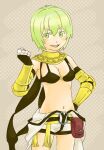  1girl armor bikini bikini_top_only black_bikini black_gloves blush breasts brown_background commentary_request cowboy_shot elbow_gloves fingerless_gloves gloves green_eyes green_hair jumpsuit jumpsuit_around_waist looking_at_viewer mechanic_(ragnarok_online) medium_breasts midriff navel nyt_(1-0-z) open_mouth polka_dot polka_dot_background pouch ragnarok_online short_hair smile solo swimsuit vambraces white_jumpsuit yellow_armor 