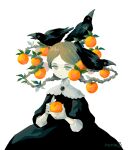  1girl animal_on_head artist_name bird bird_on_head black_dress black_gem braid brown_eyes brown_hair closed_mouth commentary_request crow dot_nose dress expressionless food fruit gem highres holding holding_food holding_fruit holding_knife knife leaf long_hair looking_ahead nona_drops on_head original parted_bangs peeling plant_hair simple_background solo three-quarter_sleeves upper_body white_background 
