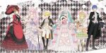  2boys 4girls :d absurdly_long_hair ahoge aqua_eyes aqua_gem aqua_hair argyle_background aristocratic_clothes arm_at_side ascot back_bow bare_shoulders black_bow black_coat black_gloves black_hat black_jacket black_pants black_pantyhose black_ribbon black_shoes black_suit black_vest blonde_hair blue_dress blue_eyes blue_flower blue_hair blue_hat blue_rose boater_hat boots boutonniere bow bowtie braid brooch brown_boots brown_hair bustle cane capri_pants carrying carrying_under_arm closed_mouth coat cross-laced_clothes cross-laced_dress crown_braid dress dress_bow dress_flower dress_shoes expressionless fascinator flower folding_fan formal_clothes frilled_dress frilled_jacket frilled_shirt_collar frilled_sleeves frilled_umbrella frills full_body gem gloves green_bow green_bowtie green_dress green_socks hair_between_eyes hair_flower hair_ornament hair_ribbon hakusai_(tiahszld) hand_fan hand_on_headwear hand_on_own_hip hat hat_feather hat_flower hatsune_miku high_ponytail highres holding holding_cane holding_fan holding_opera_glasses holding_stuffed_toy holding_umbrella holding_unworn_clothes holding_unworn_hat jacket jewelry kagamine_len kagamine_rin kaito_(vocaloid) kneehighs lace lapels layered_dress lineup long_dress long_hair long_sleeves looking_at_viewer looking_to_the_side low_ponytail magician magician's_wand mandarin_collar medium_dress megurine_luka meiko_(vocaloid) mini_hat mini_top_hat multiple_boys multiple_girls neck_ribbon off-shoulder_dress off_shoulder open_clothes open_coat open_jacket opera_glasses orange_bow orange_sash ornate_ring pants pantyhose peaked_lapels pink_bow pink_flower pink_hair pink_rose plaid_bow plaid_bowtie plaid_clothes pleated_dress ponytail purple_bow purple_dress purple_eyes red_dress red_eyes red_flower red_hat red_jacket red_rose red_umbrella ribbed_shirt ribbon ring rococo_movement rose sash shirt shoes short_hair short_sleeves sidelocks single_off_shoulder sleeve_cuffs smile socks spats_(footwear) standing stomacher stuffed_animal stuffed_toy suit suit_pants swept_bangs tassel teddy_bear top_hat twintails two-tone_dress umbrella unworn_hat unworn_headwear very_long_hair vest victorian vocaloid waist_bow waist_sash white_ascot white_bow white_bowtie white_dress white_flower white_gloves white_hat white_pants white_rose white_shirt white_vest yellow_flower yellow_jacket yellow_rose 