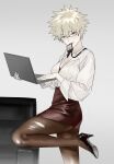  1girl bakugou_katsuki bespectacled bkg0303 blonde_hair boku_no_hero_academia breasts brown_pantyhose chair cleavage cocked_eyebrow commentary_request computer dress earrings genderswap genderswap_(mtf) glasses high_heels highres holding holding_laptop jewelry korean_commentary lanyard laptop long_sleeves medium_breasts mouth_hold pantyhose puffy_long_sleeves puffy_sleeves red_dress red_eyes shirt short_dress short_hair solo spiked_hair standing standing_on_one_leg stud_earrings torn_clothes torn_pantyhose white_shirt 