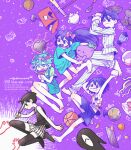  1girl 4boys antenna_hair arm_up aubrey_(headspace)_(omori) aubrey_(omori) ball barefoot baseball_bat basil_(headspace)_(omori) basil_(omori) basketball_(object) black_eyes black_hair black_tank_top black_thighhighs blue_overalls blue_shirt bow closed_mouth colored_skin flower flower_wreath frying_pan gardening_shears globe green_eyes green_hair green_shirt grin hair_behind_ear hair_bow head_wreath hero_(headspace)_(omori) hero_(omori) holding holding_frying_pan holding_knife holding_stuffed_toy kel_(headspace)_(omori) kel_(omori) knife long_hair long_shirt long_sleeves mailbox_(incoming_mail) mitsubachi_koucha mr._plantegg_(omori) multiple_boys nail_(hardware) nail_bat omori omori_(omori) open_mouth overall_shorts overalls pajamas parted_lips pink_bow purple_eyes purple_hair shirt short_hair short_sleeves shorts smile something_(omori) spoilers stuffed_eggplant stuffed_toy t-shirt tank_top teeth thighhighs upper_teeth_only white_shorts white_skin 