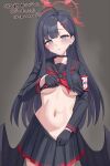  1girl black_choker black_gloves black_hair black_skirt blue_archive blue_eyes breasts choker collarbone commentary_request feathered_wings gloves halo highres hypnosis ichika_(blue_archive) large_breasts long_sleeves low_wings mind_control navel px-tea red_halo school_uniform simple_background skirt solo translation_request underboob undressing wings 