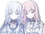  2girls bib_collar blonde_hair blue_eyes capelet closed_mouth colored_eyelashes commentary_request dress frilled_dress frills highres hikami_meruru long_hair mahou_shoujo_no_majo_saiban moi_(blueflower_o) multiple_girls purple_eyes simple_background smile spoilers tsukishiro_yuki white_background white_capelet white_dress white_eyelashes white_hair yuri 