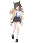  1girl animal_ears blue_necktie blush brown_eyes brown_hair brown_shoes cardigan collared_shirt commentary_request full_body grey_skirt hair_between_eyes hair_ornament highres horse_ears horse_girl horse_tail long_hair long_sleeves looking_at_viewer minu0_u multicolored_hair necktie parted_lips shirt shoes simple_background skirt smile socks solo stay_gold_(umamusume) streaked_hair tail umamusume white_background white_hair white_shirt white_socks yellow_cardigan 