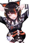  1girl :d ;d ahoge animal_ear_headphones animal_ears aopotato115 arm_belt arms_up asymmetrical_legwear asymmetrical_sleeves bare_shoulders belt black_choker black_hair black_nails black_sweater cat_ear_headphones cat_ears choker commentary_request cowboy_shot cross-laced_clothes cross-laced_dress double_v dress eyeball_hair_ornament fake_animal_ears headphones highres layered_dress long_sleeves looking_at_viewer mahou_shoujo_no_majo_saiban multicolored_hair nail_polish off-shoulder_sweater off_shoulder one_eye_closed open_mouth orange_eyes orange_nails orange_streaks sawatari_coco sharp_teeth shirt short_hair simple_background single_thighhigh skirt skull slit_pupils smile solo streaked_hair striped_clothes striped_sleeves striped_thighhighs stuffed_animal stuffed_cat stuffed_toy sweater teeth thighhighs v white_background white_shirt white_skirt 