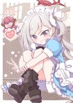  2girls apron aru_(blue_archive) black_boots black_bow black_dress blank_eyes bloomers blue_archive blue_dress boots bow collared_dress commentary_request crossed_legs dress enmaided flower fold-over_boots grey_hair grin hair_flower hair_ornament halo harada_(sansei_rain) heart highres horns hugging_own_legs lace-up_boots long_hair looking_at_viewer maid maid_apron maid_headdress mini_person minigirl multiple_girls mutsuki_(blue_archive) pink_hair puffy_short_sleeves puffy_sleeves shoe_soles short_sleeves smile spoken_heart sweat turn_pale v very_long_hair white_apron white_bloomers white_flower 