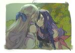  2girls ahoge blue_bow blush bow bronya_rand closed_eyes closed_mouth commentary earrings grey_hair grin hair_between_eyes highres honkai:_star_rail honkai_(series) jewelry livpoid looking_at_another multiple_girls purple_eyes purple_hair scarf seele_(honkai:_star_rail) smile smiley_face yuri 