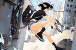  1girl animal_ears autodefenestration bag black_hair boots cityscape denim denim_shorts dual_wielding duffel_bag firing gun handgun holding original shirt short_hair shorts t-shirt tail weapon yonq98 