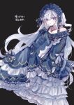  1girl artist_name bare_shoulders black_background black_ribbon blue_dress blue_hairband bow closed_mouth collarbone commentary_request copyright_name crescent crescent_necklace dress dress_bow frilled_dress frilled_hairband frilled_sleeves frills full_body gothic_lolita hair_over_one_eye hair_ribbon hairband highres jewelry lolita_fashion lolita_hairband long_hair long_sleeves looking_at_viewer mahou_shoujo_no_majo_saiban natsume_an-an necklace off-shoulder_dress off_shoulder polka_dot polka_dot_bow purple_eyes ribbon see-through_hair signature simple_background sleeve_bow sleeves_past_fingers sleeves_past_wrists solo twitter_username white_hair wide_sleeves xxn_k0 