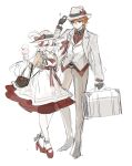  1boy 1girl adjusting_clothes adjusting_headwear alternate_costume bag black_bag black_gloves blue_eyes bow briefcase brown_jacket brown_pants closed_mouth collared_shirt contrast_collar dress earrings elbow_carry food full_body genderswap genderswap_(mtf) genshin_impact gloves hair_between_eyes handbag hat hat_bow high_heels highres holding holding_briefcase holding_food holding_ice_cream holding_ice_cream_cone ice_cream ice_cream_cone jacket jewelry kaedehara_kazuha long_hair looking_at_viewer matching_outfits official_alternate_costume open_mouth orange_hair pants red_dress red_eyes red_shirt red_shoes shirt shoes short_hair single_earring smile socks tartaglia_(genshin_fes_2024)_(genshin_impact) tartaglia_(genshin_impact) trkz_tmwk two-tone_dress vest waistcoat white_dress white_hair white_hat white_jacket white_socks white_vest 