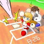  1boy 1girl baseball_base baseball_bat baseball_helmet baseball_uniform black_eyes blue_eyes blue_shoes brown_hair catcher's_mask catcher_(baseball) commentary_request dated drilljapan from_above helmet highres holding holding_baseball_bat jikkyou_powerful_pro_yakyuu jikkyou_powerful_pro_yakyuu_(style) long_hair multicolored_shirt multicolored_shoes no_mouth oozora_miyoko playing_sports power_pro-kun rayman_limbs red_shirt red_shoes sanpaku shirt shoes sportswear swinging_baseball_bat two-tone_shoes unworn_headwear white_shirt white_shoes 