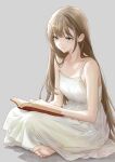  1girl bare_shoulders barefoot blue_eyes book breasts brown_hair collarbone dress grey_background hair_ornament highres indie_virtual_youtuber lightning_bolt_hair_ornament lightning_bolt_symbol long_hair medium_breasts mikan_mizu reading simple_background sitting smile solo white_dress yoshino_shizuru 