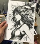  1girl artist's_hand_in_frame breasts closed_mouth commentary death_of_the_endless english_commentary from_side jewelry long_hair looking_ahead marker_(medium) monochrome necklace photo_(medium) signature sketch skull sleeveless solo stanley_lau the_sandman_(dc) traditional_media upper_body 