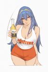  1girl absurdres beer_bottle blue_eyes blue_hair bottle breasts cleavage closed_mouth collarbone commentary commission corona_(brand) cowboy_shot employee_uniform english_commentary hair_between_eyes head_tilt highres holding holding_bottle hooters hu_dako large_breasts long_hair looking_at_viewer lucina_(fire_emblem) missing_legwear nail_polish orange_shorts pixiv_commission short_shorts shorts simple_background smile solo tank_top tiara very_long_hair white_background 