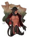  abs anthro balls bovine cattle dognextdoor erection facial_piercing horn humanoid_penis looking_at_viewer male mammal navel nipples nose_piercing open_jacket penis piercing simple_background smile solo teeth 