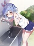  1girl alternate_costume animal_ears blue_hair blue_shorts bush commentary_request day duplicate faucet highres hololive looking_at_viewer mi_kamii2 orange_eyes outdoors rabbit_ears shirt short_eyebrows shorts solo sweat tied_ears usada_pekora virtual_youtuber water white_shirt 