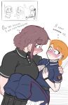  2girls belt black_shirt blue_eyes blue_pants blue_shirt blunt_bangs blush boots breasts brown_hair carrying carrying_person commentary eye_contact fluffkaiser hands_on_own_chest highres hooligan_(fluffkaiser) looking_at_another medium_breasts multiple_girls orange_hair original pants pants_tucked_in police police_uniform policewoman policewoman_(fluffkaiser) polo_shirt russian_commentary russian_flag russian_text shirt small_breasts swept_bangs watch wristwatch yuri 