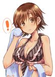 1girl bikini bikini_top blush braid breasts brown_bikini brown_hair cleavage closed_mouth collarbone dripping drying drying_body drying_hair earrings frilled_bikini frills highres holding honda_mio idolmaster idolmaster_cinderella_girls jewelry large_breasts looking_at_viewer paopao short_hair side_braid simple_background solo speech_bubble spoken_exclamation_mark star star_earrings striped swimsuit upper_body vertical-striped_bikini vertical_stripes wet wet_hair white_background 