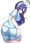  1boy 1girl animal_print ass black_halo blue_archive blue_eyes blue_pajamas cat_print commentary_request doodle_sensei_(blue_archive) frilled_pajamas frills from_behind hair_down hairband halo highres mechanical_halo official_alternate_costume official_alternate_hairstyle open_mouth pajamas print_pajamas purple_hair sensei_(blue_archive) simple_background sleepwear sweat uso3_oo white_background white_hairband yuuka_(blue_archive) yuuka_(pajamas)_(blue_archive) 