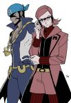  2boys anchor_necklace archie_(pokemon) bandana belt black_hair black_shirt black_trim blue_bandana blue_bodysuit bodysuit closed_mouth coat dark-skinned_male dark_skin facial_hair frown goatee high_collar highres jewelry lapels long_sleeves looking_to_the_side male_focus maxie_(pokemon) medium_hair multiple_boys necklace pants parted_hair pokemon pokemon_omega_ruby_and_alpha_sapphire potatomaniaaa red_hair red_pants red_shirt red_shorts shirt short_hair shorts sideways_glance sideways_mouth simple_background standing turtleneck white_background zipper 