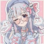  1girl 2others bandaid bandaid_hair_ornament blue_hat blush bow choker commentary_request ghost grey_hair hair_bow hair_ornament hairclip hat idolmaster idolmaster_shiny_colors long_hair multiple_hairclips multiple_others pink_background pippo_(pippo314) round_eyewear semi-rimless_eyewear skull_hair_ornament smile under-rim_eyewear white_choker yukoku_kiriko 
