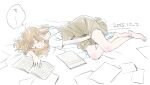  1girl arai_youjirou bare_legs barefoot bed_sheet between_legs brown_dress brown_hair closed_eyes crossed_ankles dated dress full_body hair_spread_out hand_between_own_legs head_on_arm head_rest lying medium_hair notebook on_side original pale_colors paper parted_lips shirt short_sleeves sidelighting sleeping solo spaghetti_strap speech_bubble u_u white_background white_shirt 