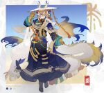  1girl alternate_costume alternate_hairstyle animal_ears arknights beads black_hair blonde_hair blue_hair brown_gloves chinese_commentary commentary_request dragon_horns dragon_tail eastern_dragon_horns eastern_dragon_tail full_body gloves gradient_hair hand_on_headwear hat highres horns jewelry long_hair long_sleeves looking_at_viewer momo_zhuangzai_hezili multicolored_hair shu_(arknights) solo tail tassel tibetan_clothes very_long_hair white_hair wide_sleeves yellow_eyes 