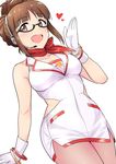  :d akizuki_ritsuko bandai_namco black-framed_eyewear blush bracelet breasts brown_eyes brown_hair collarbone folded_ponytail glasses gloves headset heart highres idolmaster idolmaster_(classic) jewelry logo medium_breasts open_mouth pantyhose ponytail scarf semi-rimless_eyewear short_hair side_cutout sidelocks smile solo tsurui under-rim_eyewear white_gloves 