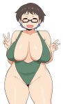  1girl :d breasts brown_hair curvy denpatou double_v glasses highres huge_breasts imari_youko ruri_no_houseki short_hair simple_background slingshot_swimsuit smile swimsuit thick_thighs thighs v white_background 