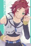  1boy absurdres bad_id bad_pixiv_id bangs_pinned_back belt blue_belt curtained_hair ensemble_stars! fingernails green_eyes grin hair_ornament hairclip hand_on_own_hip hand_up highres isara_mao looking_at_viewer male_focus midriff navel one_eye_closed piano_print red_hair reijiro short_hair sleeveless smile solo translation_request zipper_pull_tab 