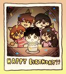  2girls 3boys aged_down alternate_costume animated animated_gif aubrey_(faraway)_(omori) aubrey_(omori) birthday_cake black_eyes black_hair blue_shirt blush bow bright_pupils brother_and_sister brothers brown_hair cake candle chibi chibi_only closed_eyes collared_shirt commentary confetti dark-skinned_male dark_skin double-parted_bangs english_commentary food hair_behind_ear hair_between_eyes hair_bow hero_(faraway)_(omori) hero_(omori) kel_(faraway)_(omori) kel_(omori) long_hair looking_at_viewer mari_(faraway)_(omori) mari_(omori) mini_party_hat multiple_boys multiple_girls official_art omocat omori one_eye_closed open_mouth pink_bow pink_shirt plate red_shirt shirt short_hair short_sleeves siblings smile striped_clothes striped_shirt sunny_(omori) t-shirt triangle_mouth two-tone_shirt white_pupils yellow_shirt 