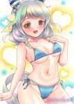  1girl absurdres animal_ears bare_arms bare_shoulders bikini blue_bikini blush breasts brown_eyes cleavage commentary_request ear_covers grey_hair highres hishi_miracle_(umamusume) horse_ears horse_girl horse_tail looking_at_viewer medium_breasts medium_hair mimikuro navel open_mouth smile solo stomach swimsuit tail traditional_media umamusume 